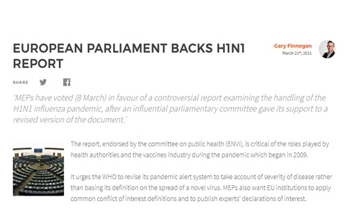 EUROPEAN PARLIAMENT BACKS H1N1 REPORT