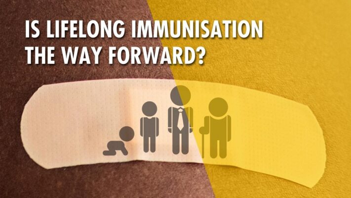A plaster with the image of a person in 4 different ages and a text saying: Is lifelong immunisation the way forward?