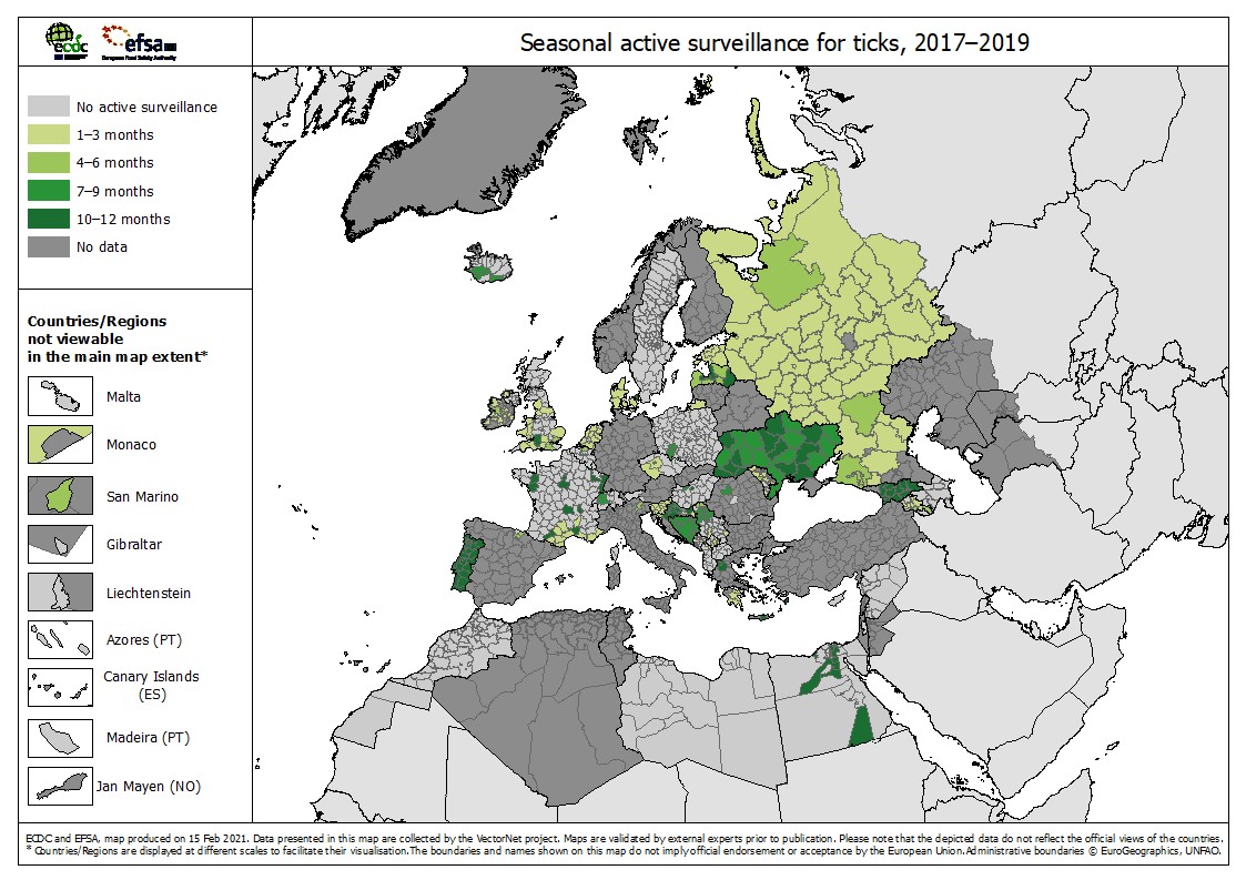 Distribution of ticks in Europe, showing highest rates in Central and Easter Europe. Source: European Centre for Disease Prevention and Control & European Food Safety Authority (2021)