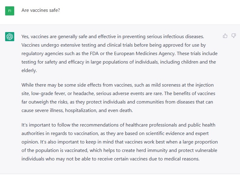 ChatGPT question: are vaccines safe?
