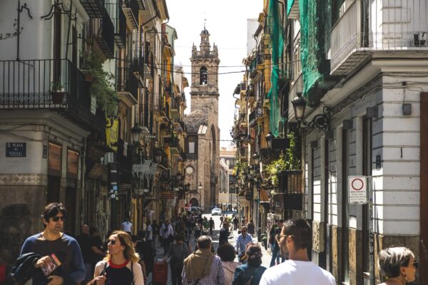 People walking in shopping street in Valencia, Spain.