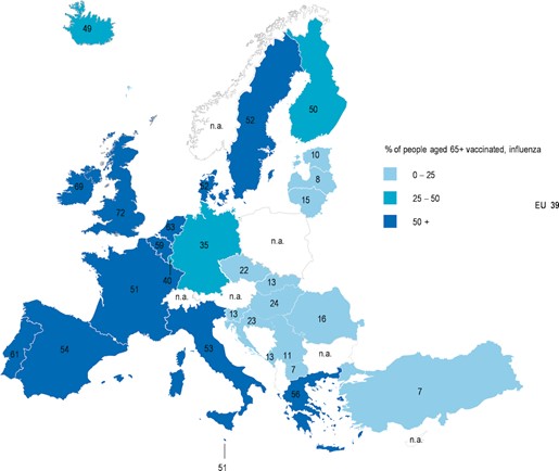 Map of Europe showing percentage of people aged 65+ vaccinated, influenza