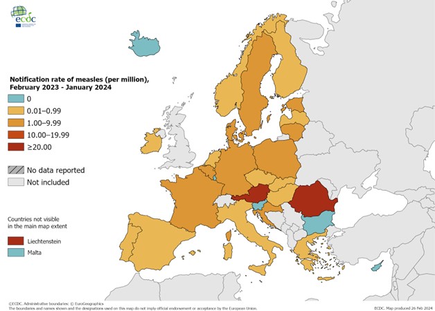 ECDC map showing measles incidence in Europe. Romania and Austria have the highest number of cases per million; cases are rising in multiple countries.