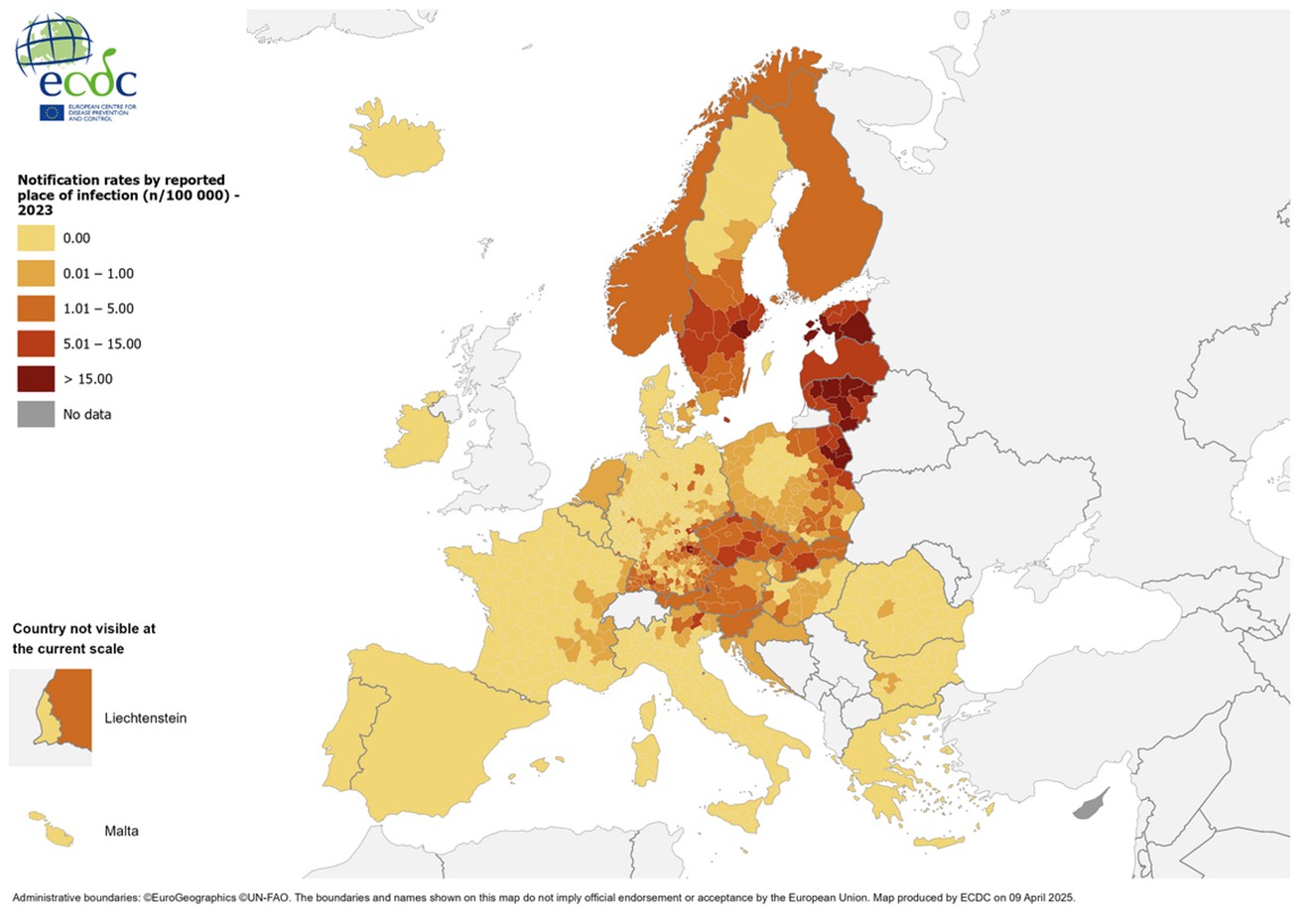 Map of distribution of ticks in Europe 2025
