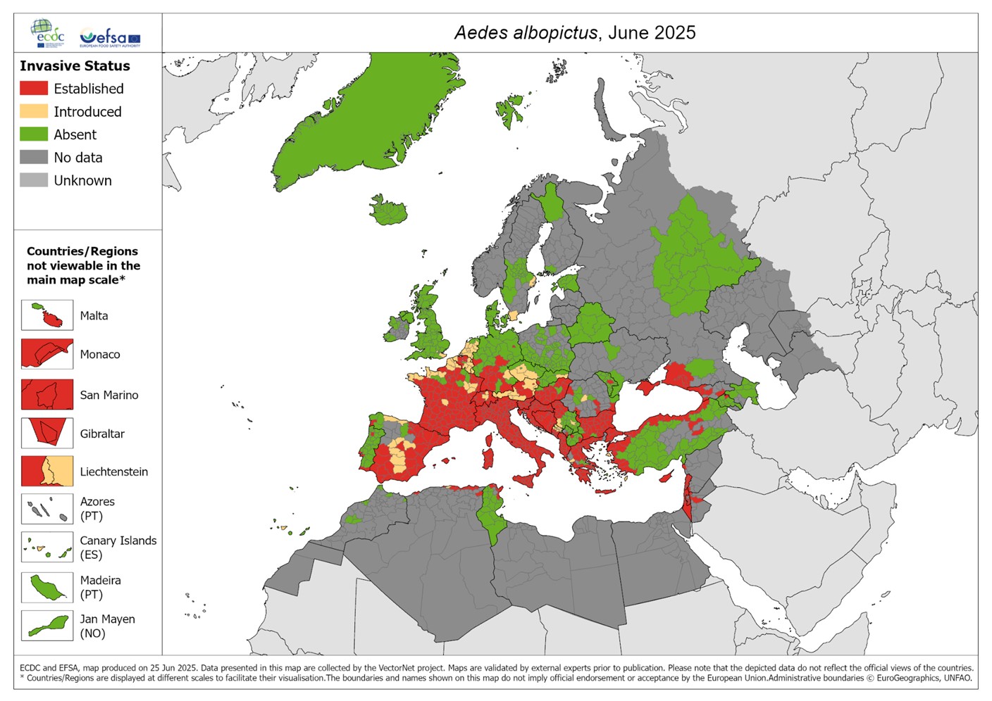Distribution of Asian Tiger mosquitoes in Europe, showing the mosquito is ‘established’ in southern Europe. Source: ECDC