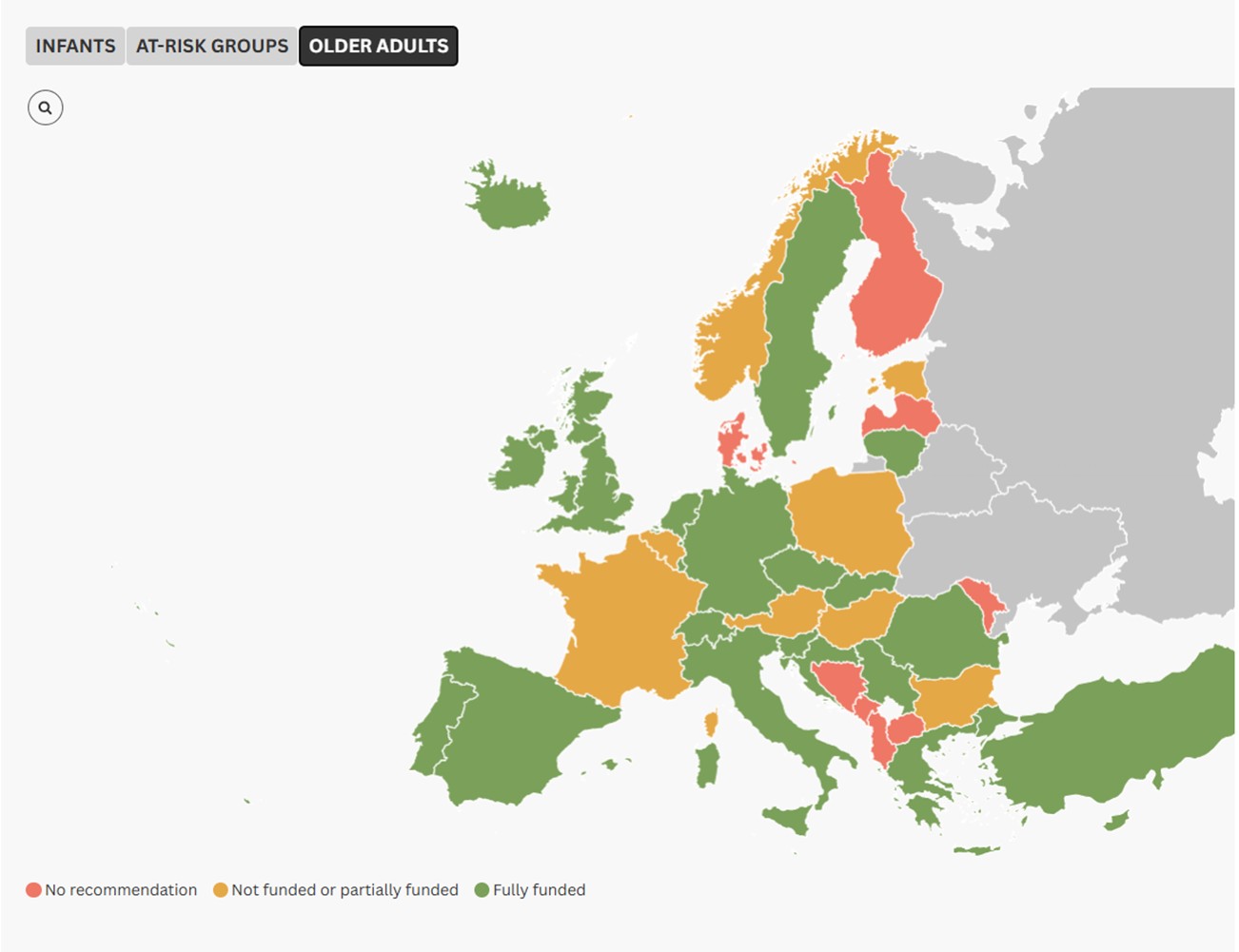 Map of Europe: Despite recommending pneumococcal vaccination for older adults, some countries do not support this advice with funding. (Source ILC-UK Pneumococcal Atlas)