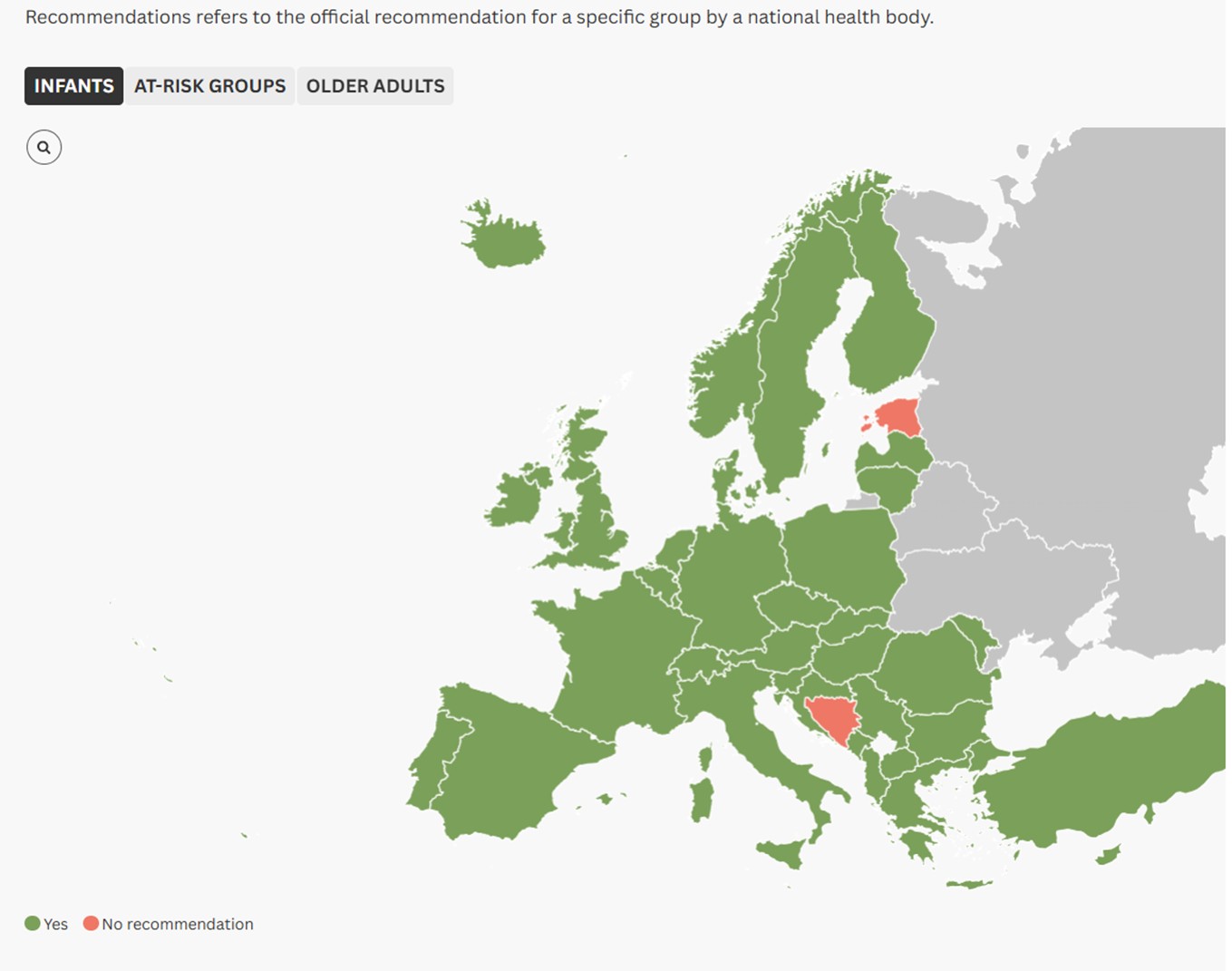 Map of Europe: Almost all European countries recommend pneumococcal vaccination for infants. (Source ILC-UK Pneumococcal Atlas