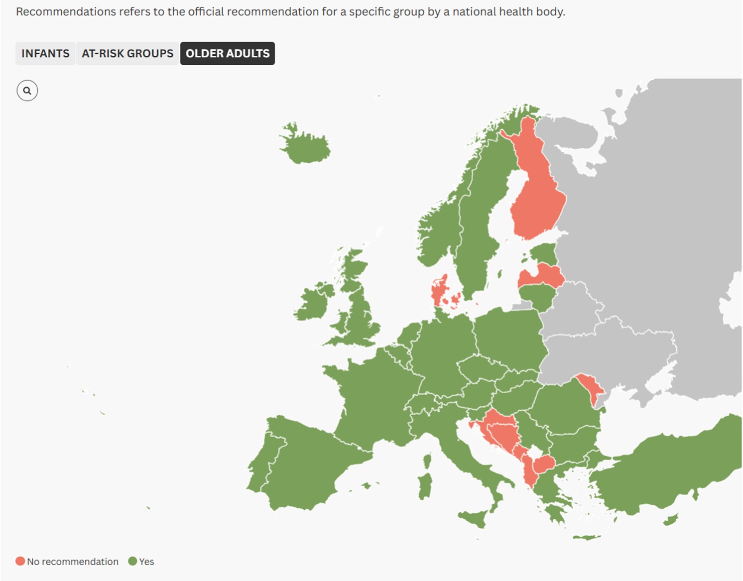 Map of Europe: Most European countries recommend pneumococcal vaccination for older people. (Source ILC-UK Pneumococcal Atlas)
