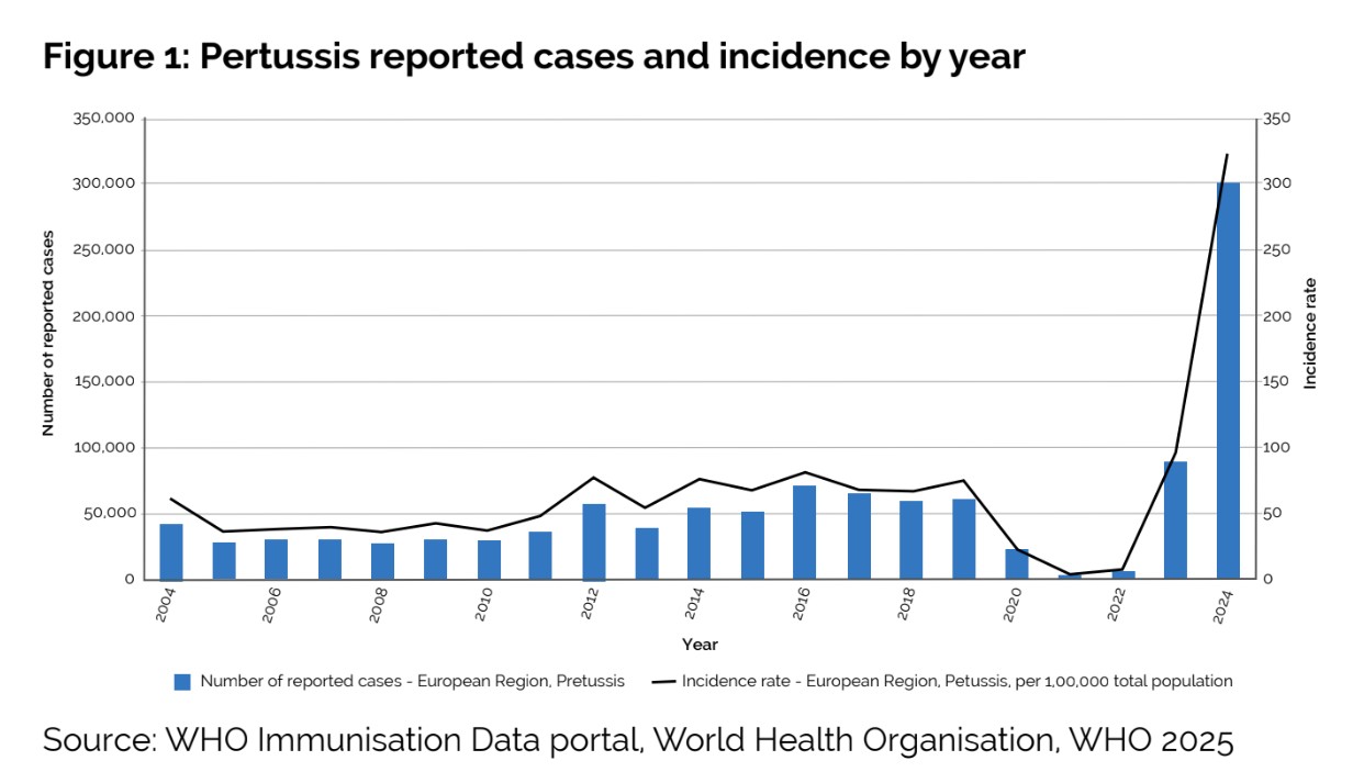Pertussis cases reported in the European region, 2004-2024, published in 2025.